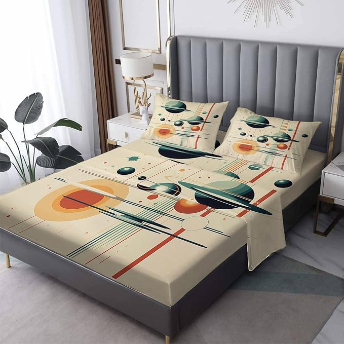 Mid Century Modern Bed Sheets Twin Size, Abstract Planet Sheet Set, Soft Microfiber Deep Pocket Wrinkle Free Fitted Sheet & Flat Sheet & Pillowcase Sets, Retro Geometric Bedding Sheets - 3 Piece