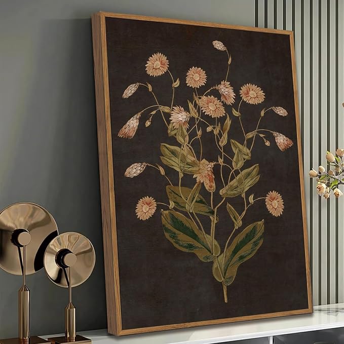 WALLZK Vintage Framed Wall Art Botanical Canvas Prints Painting Dark Moody Floral Wall Decor Retro Wildflower Pictures Artwork for Walls Living Room Bedroom Bathroom 16"x24"