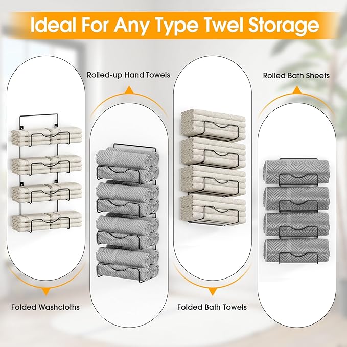 Towel Racks for Bathroom,Towel Rack Wall Mounted, 6 Tier Rolled Or Folded Towel Holder with Floating Shelves, Bathroom Towel Holder for Bath, Hand Towels,Metal and Wood