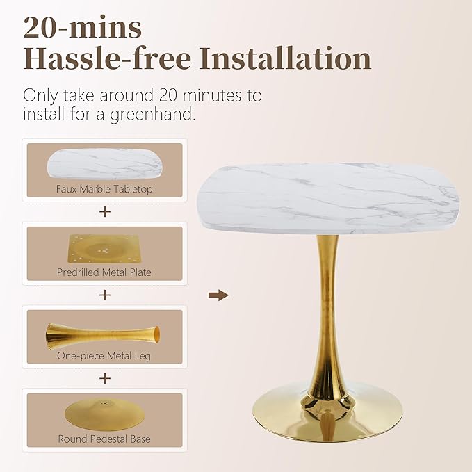Square Dining Table,31.5" Tulip Table with Metal Pedestal,15-Minute Quick Assembly,Mid Century Modern Leisure Table for Kitchen Small Places Cafe (Faux Marble White Gold)