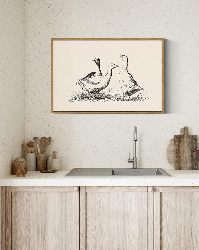 ARPEOTCY Vintage Framed Canvas Wall Art, 16x24 Inch Sketch Cute Duck Picture Nursery Decor, Large Animal Wall Art for Living Room Bedroom, Vintage Rustic Retro Home Decor Aesthetic