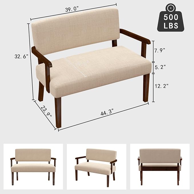 Accent Chair 2 Seat, Upholstered Reading Leisure Chair, Bench with Solid Wood Frame for Dining, Reading,Waiting Rooms (Beige)