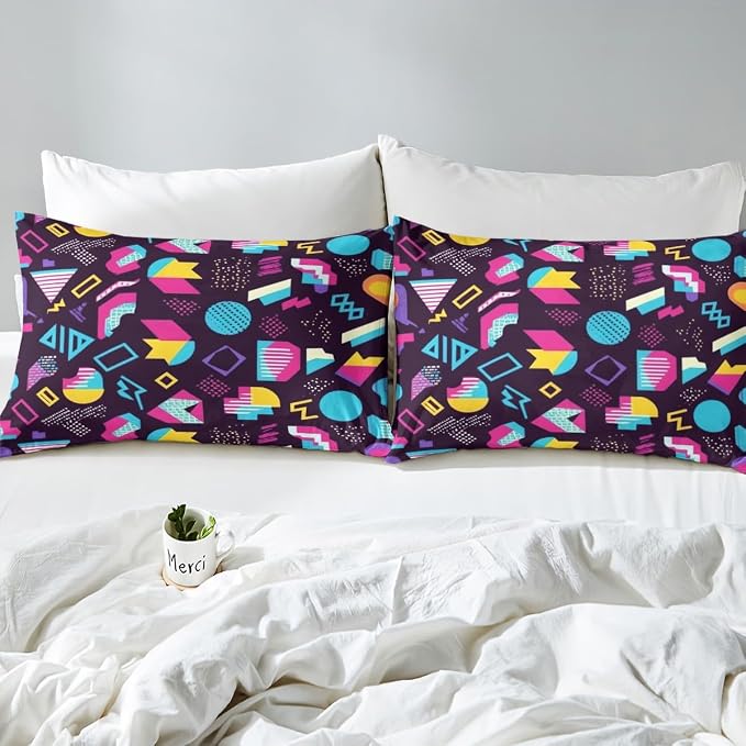 Memphis Geometric Pattern Comforter Cover Set King Size,Retro Style Round Half Moon Triangle Shapes Artwork Duvet Cover Colorful Graphic 80s 90S Style Bedding Set Abstract 1990S Memphis Home Decor