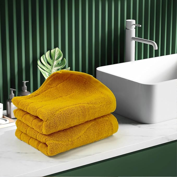 Jacquotha Wavy Striped Cotton Hand Towels, Set of 4, Dry Your Hand Instantly, 13x29 Inches, Mustard Kitchen Bathroom Towel
