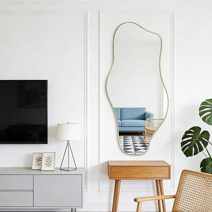 Irregular Mirror, 51.1"x23.6" Asymmetrical Frameless Mirrors, Large Gold Abstract Wall Mirrors, Modern Unique Shaped Mirror for Living Room Bathroom Bedroom Hallway Entryway