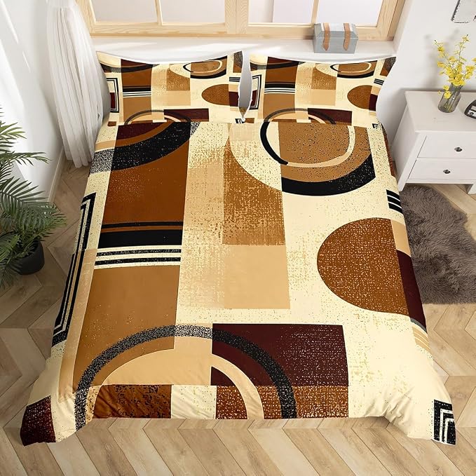 Geometric Striped Circle Duvet Cover Set Queen Size,Abstract Graffiti Retro Squares Bedding Set,Boys Girls Room Decor,Aesthetic Simple Chic Comforter Cover,Brown Quilt Cover,2 Pillowcases(No Filler)
