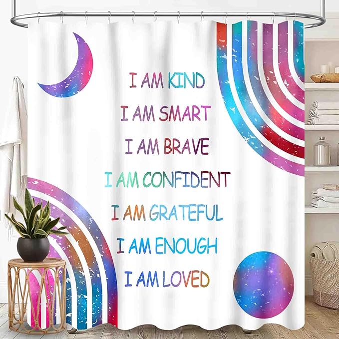 Rainbow Shower Curtain for Girls Bathroom, Boho Rianbow Quotes Inspirational Motivational Positive Colorful Pastel Green for Baby Kids Waterproof Fabric Shower Curtain Set with Hooks, 72"x78" Inch