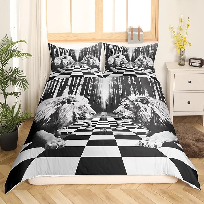 Lion Duvet Cover Set King Size,International Chess Black White Checkered Geometric Bedding Set,Boys Men Room Decor,Wild Jungle Animals Comforter Cover,Rustic Retro Quilt Cover,2 Pillowcases(No Filler)