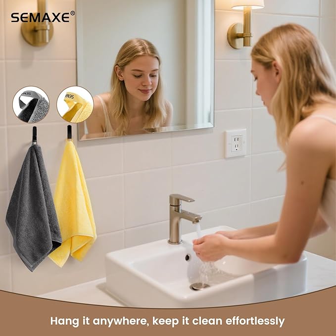 SEMAXE 12 Pack Hand Towels for Bathroom, 100% Cotton Towels with Hanging Loops, Soft and Highly Absorbent,Hand Towel Set for Gym, Shower, Hotel, Spa and Kitchen, Grey+Yellow