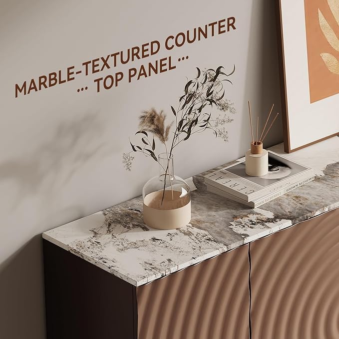 LKTART Sideboard Buffet Cabinet with Storage, 4 Doors Modern Accent Storage Cabinet Water Ripple Sideboard Buffet with Simulated Marble Textured Countertop for Kitchen, Living Room