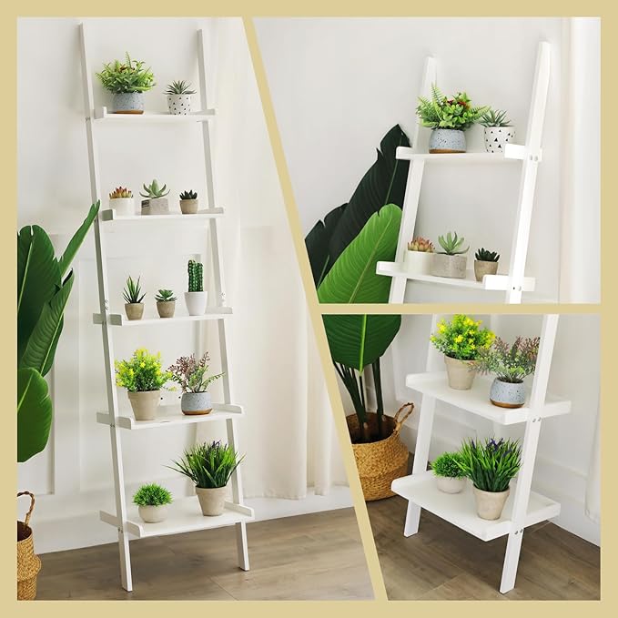 Ladder Shelf 5-Tier Bookshelf – Storage Rack Shelves Wall Leaning Shelf,White Freestanding Plant Flower Stand, Corner Display Bookcase
