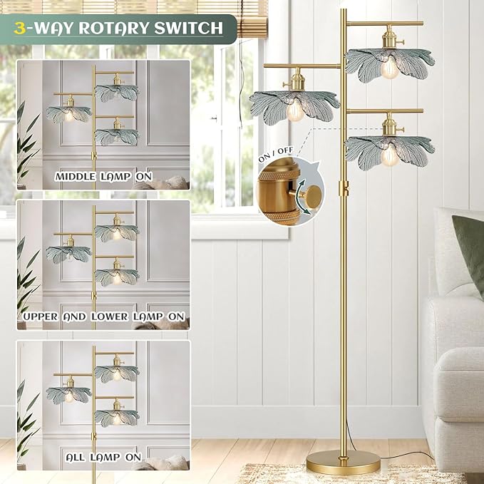 Dimmable Floor Lamp Farmhouse Floor Lamps for Living Room, Antique Brass Tree Lamp Standing Lamp Tall Lamps with Dark Green Glass Shade, Gold Flower Floor Light for Bedroom Corner Study Office