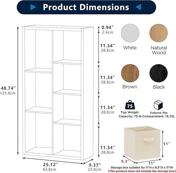7 Cube Storage Organizer, Cube Shelf with Heavy-Duty Thick Boards, 25.12" L x 9.37" W x 48.74" H, Smooth Easy-Clean Panels, Simple Assembly, for Living Room Bedroom Office, Natural-Oak