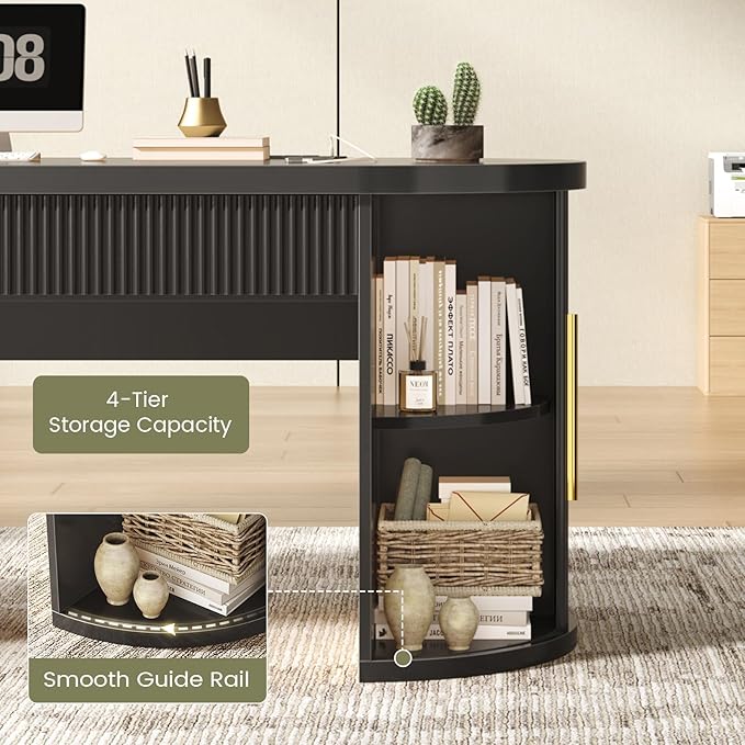 SEDETA Office Desk with 2 Drawers, 58.3" x 21.7" Fluted Long Computer Desk with 2 Sliding Doors Storage and Power Strip, Wood Executive Desk for Home Office, Living Room, Bedroom, Black