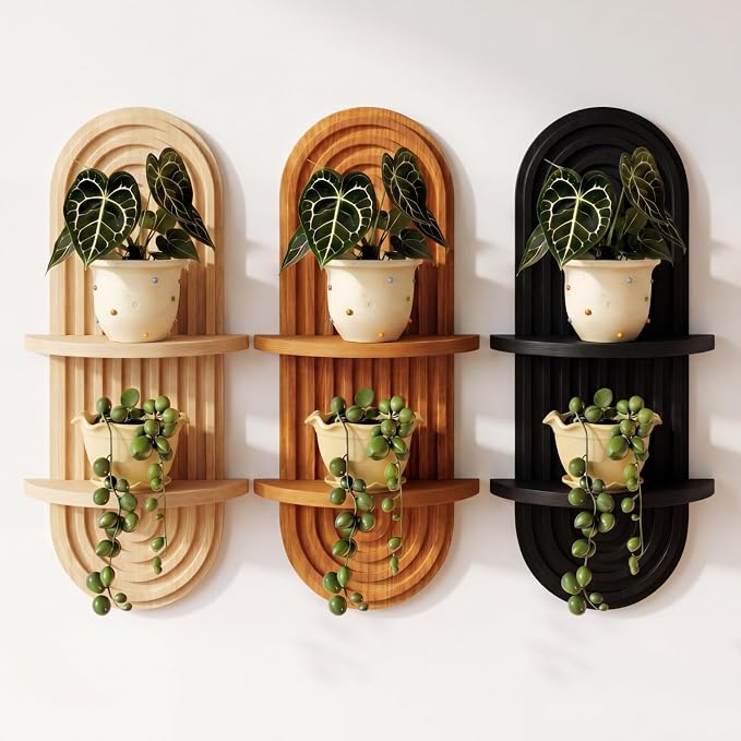 Pinkunn 3 Pcs Boho Wall Decor Floating Plant Wall Shelf Modern Mid Century Decor Hanging Natural Wood Planter Holder for Home Bathroom Bedroom Living Room Office Holding Planter 15.75 x 6.69 Inches