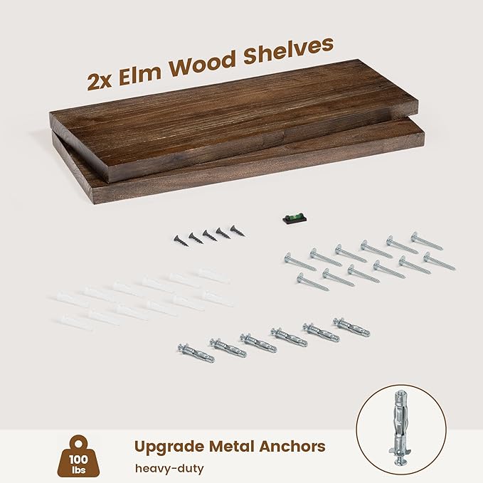 Reclaimed Elm Wood Floating Shelves for Wall, Flat Edge 24"W x 9.2"D x 1.4"H, Set of 2 with Invisible Bracket, Wall Mounted Shelves for Living Room Bedroom Kitchen Bathroom Decor, Walnut Finish