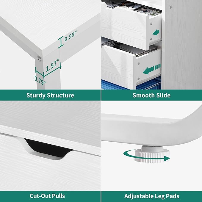 YITAHOME L Shaped Desk with Power Outlets, 55" Computer Desk with Drawers & Bookshelf, Home Office Desk with LED Lights, Corner Desk with File Cabinet, White