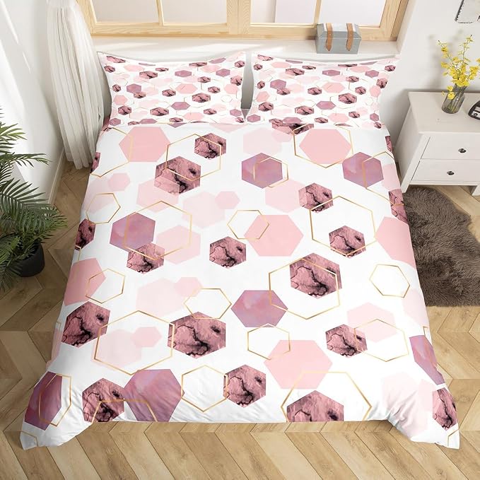 Erosebridal Modern Pink Duvet Cover for Bedroom - Marbling Geometric Art Kids Bedding, Girly Abstract Golden Striped Bed Cover for Home Decor, Queen 3 Pieces