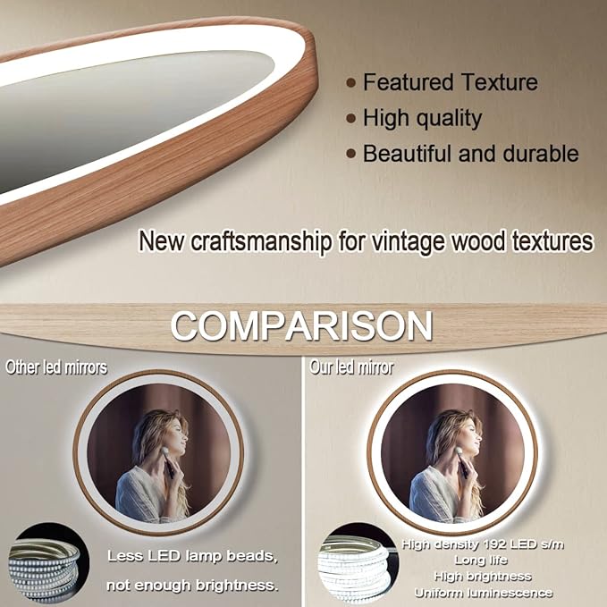 30 Inch Bathroom Round Wood LED Mirror with Wood Frame Round Lighted Vanity Mirror with Lights 3 Color Dimmable Anti Fog 30" Wood Circle LED Mirror for Bathroom Wall Round Smart Light up Mirror