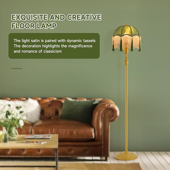 WEILASA Retro Tassel Floor Lamp with Adjustable Light Simple Upright Metal Base LED Night Lamp for Room 13" Wide, 62.7" High