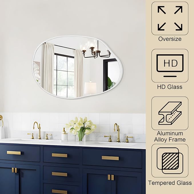 Irregular Wall Mirror Asymmetrical Mirrors, 18''x26'' Metal Framed Mirror for Bathroom Bedroom Living Room Entryway, Decorative Modern Aluminum Alloy Wall Decor, White
