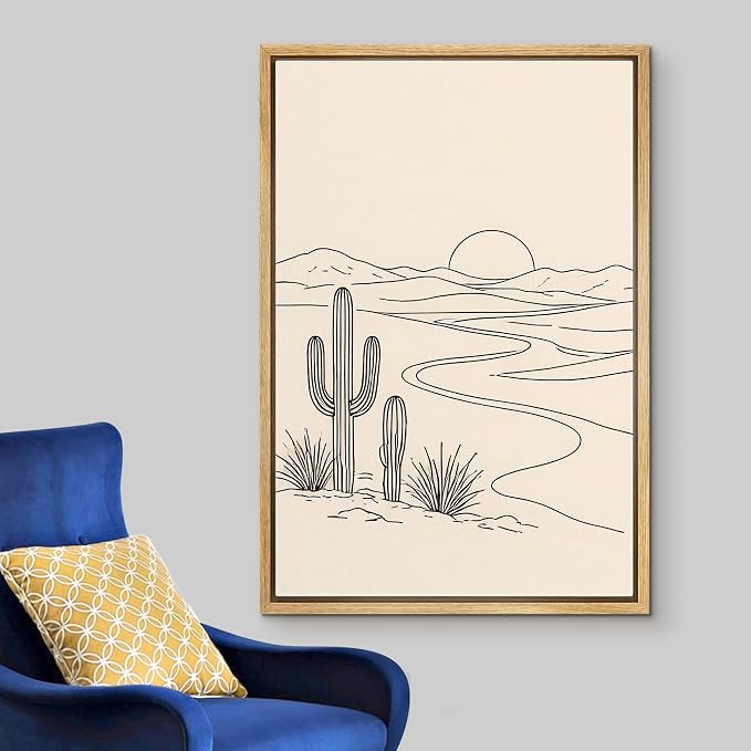 Woodrose Framed Canvas Print Wall Art Minimalist Desert Landscape Line Illustrations Modern Art Minimalist 3D Colorful Ultra for Living Room, Bedroom, Office - 16"x24" NATURAL
