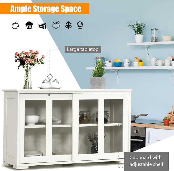 Sideboards Buffet Cabinet, Sliding Tempered Glass Door Coffee Bar, Console Table with Adjustable Shelf, Credenzas for Living Room, Stackable Kitchen Cupboard for Dining Room (White)