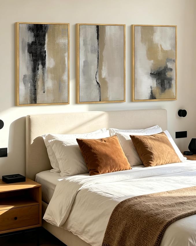 KUVIOKE Black Gray Abstract Framed Wall Art Neutral Wall Decor Minimalist Modern Illustrations Art Print for Living Room Bedroom 16x24in (Natural Framed)