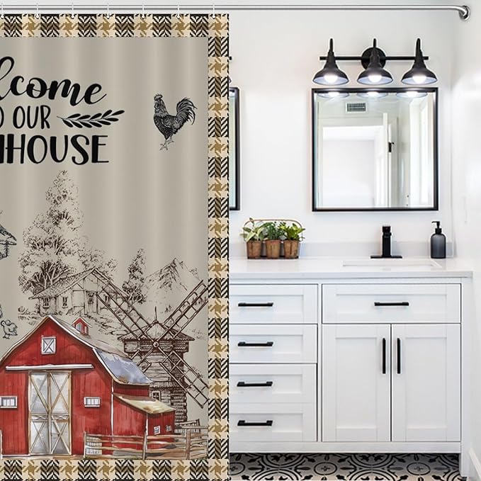 Farmhouse Animal Cabin Shower Curtains Rustic Plaid Buffalo Barn Rooster Waterproof Shower Curtains for Bathroom Decor 12 Pack Hooks 66x72in（168x183cm）