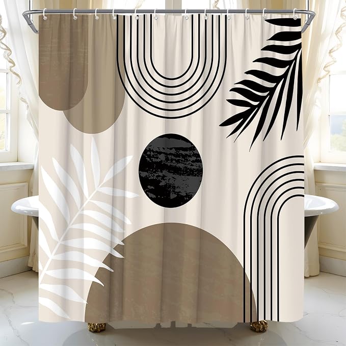 Mid Century Modern Shower Curtain Boho Brown Abstract Retro Aesthetic Fabric for Bathroom Decor Bathtub with Hooks (70" WX84 H)