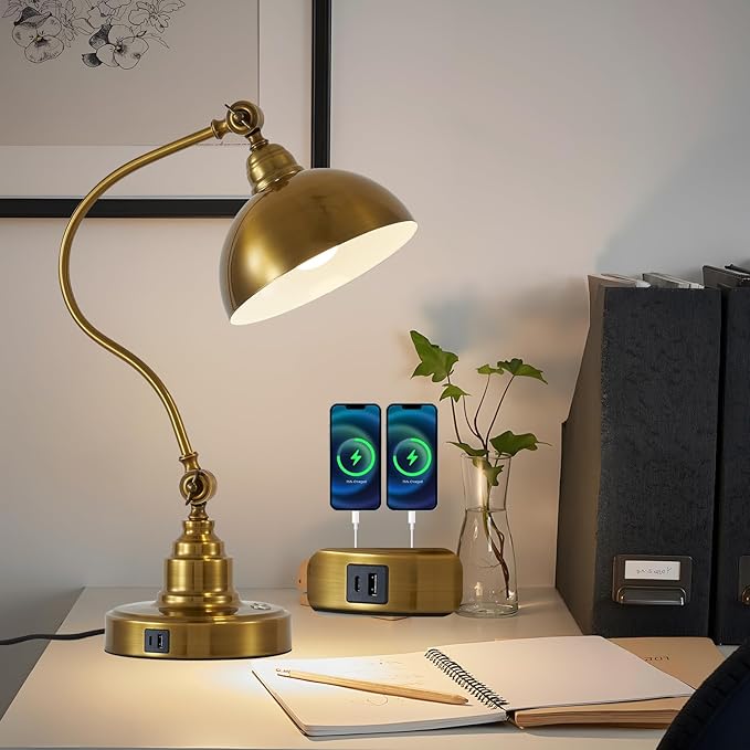 Antique Gold Vintage Desk Lamp Decorative Table Lamp for Home Office Living Room Bedroom Desk Light, Rustic Industrial Farmhouse Antique Library Study Desk Lamp E26 LED Bulb Included