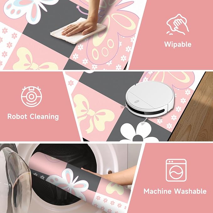 3'x5' Butterfly Area Rug Pink Butterfly Checkered Rugs for Entryway Bedroom Living Room Kitchen Home Decor Cute Flower Carpet Washable Non Slip Floor Mat