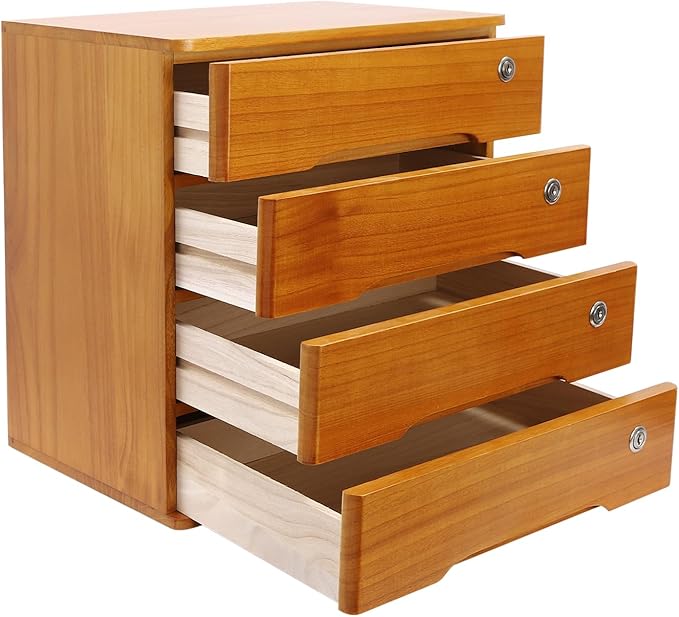 Desktop File Organizer with Lock, 2/3/4 Tier Multi-Drawer Wooden Storage Cabinet, Office Supply Organizer for Home Desk, Study & Workplace (Brown, 4 Layers)