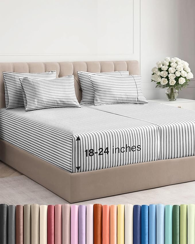 Extra Deep Split King Sheet Set - 7 Piece Breathable and Cooling Sheets - Hotel Luxury Bedding for Women, Men, Kids & Teens - Secure Fit - Soft and Wrinkle Free with Extra Deep Pockets - Grey Stripes