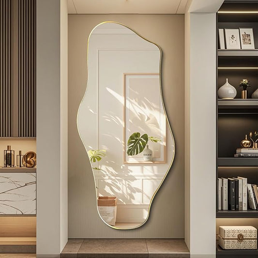 Large Irregular Mirror, 63"x29" Asymmetrical Full Length Mirror with Gold Metal Frame, Unique Shaped Abstract Wall Mirrors for Living Room Dressing Bathroom Bedroom Hallway Entryway