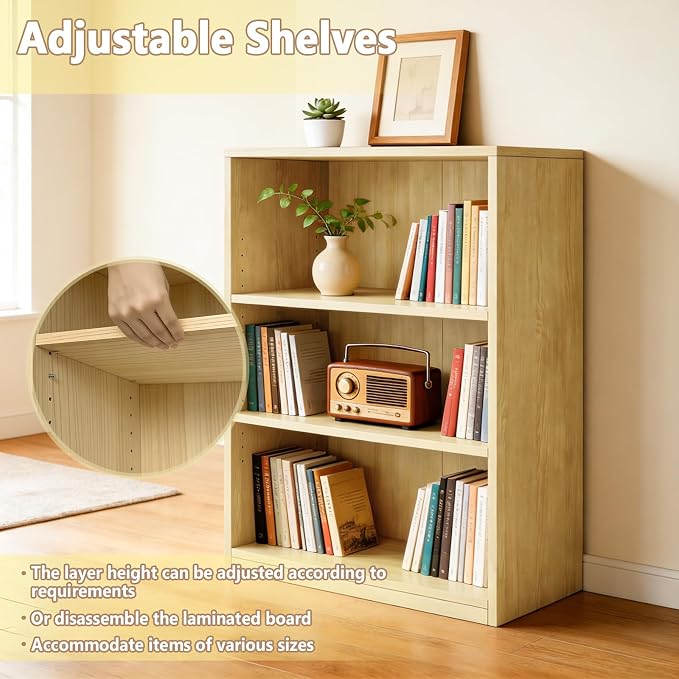 CTESNE【2026 Adjustable Shelves 3-Tier Bookcase, 71 inches, Wooden Open Display Floor Bookshelf (Oak Color)