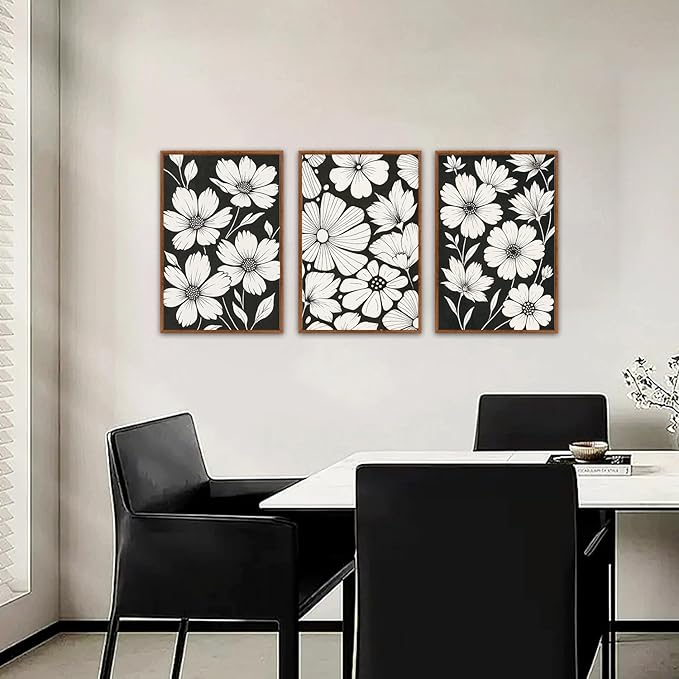 HLNIUC Abstract Black and White Framed Canvas Wall Art,White Flower Plant Poster,Modern Minimalist Floral Painting,Daisy Floral Canvas Art Print for Living Room Bedroom Office-16 x24 x3