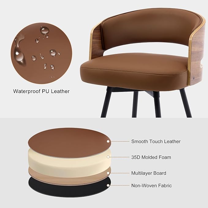 Swivel Bar Stools Set of 2, 26" Counter Height Bentwood Barstool, Upholstered Faux Leather Barstools with Walnut Back, Mid Century Modern Bar Chairs for Kitchen Island, Bar
