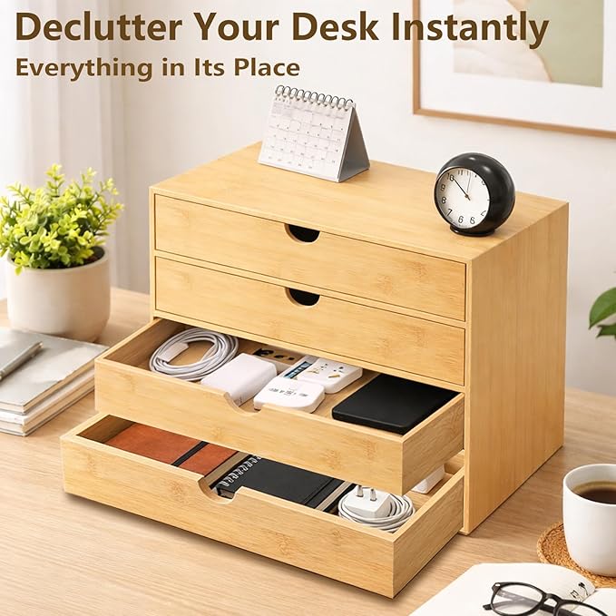 Neando Bamboo Desk Organizer with Drawers, 4-Tier Wooden Desk Organizer, Small Desktop Storage for Office Supplies, Makeup, Accessories, Space-Saving Organizer for Desk, Vanity & Home
