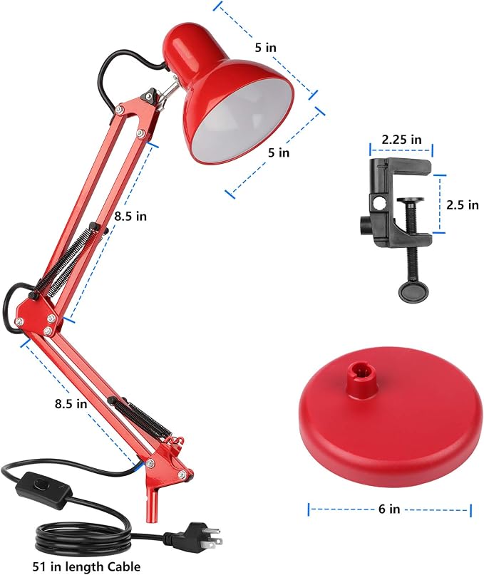AmeriTop Metal Desk Lamp, Adjustable Swing Arm Table Lamp with Interchangeable Base Or Clamp; Eye-Caring Desk/Clip Reading Lamps for Bedroom, Study, Office (Red)