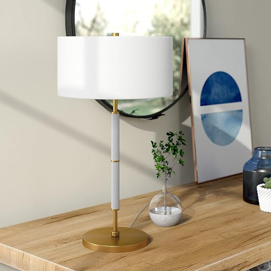 Henn&Hart 25" Tall 2-Light Table Lamp with Fabric Shade in Gray/Brass/White, Lamp, Desk Lamp for Home or Office