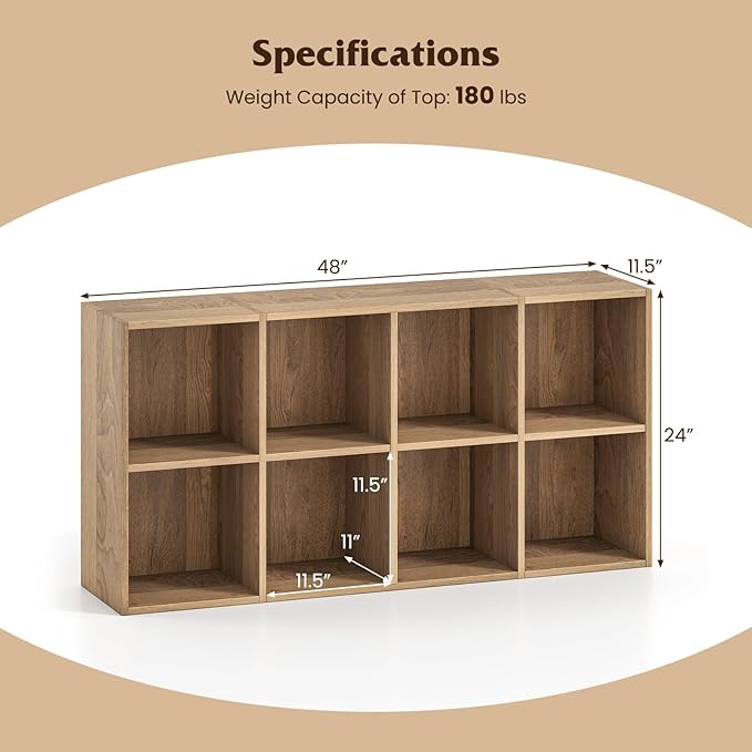 Tangkula 8-Cube Bookcase, Large Floor Standing Horizontal Bookshelf with 8 Open Shelves & 2 Anti-Tipping Kits, Home Office Wooden Storage Book Shelf for Living Room, Study (Natural, 8-Cube)