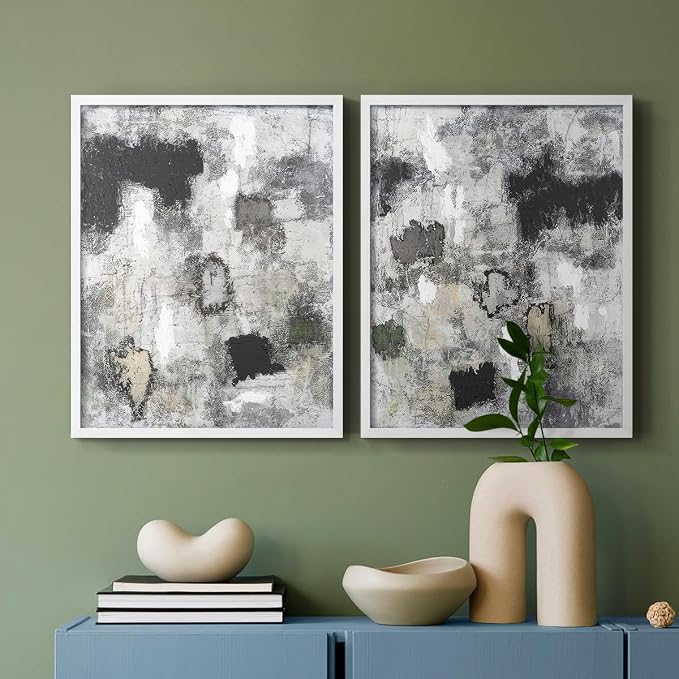 Renditions Gallery Set of 2 Peel & Stick Framed Prints, Abstract Wall Art, Hand Painted Black and White Pattern Wall Decor, Re-Stickable - Ready to Hang - 11"x14" - White Frame LT588