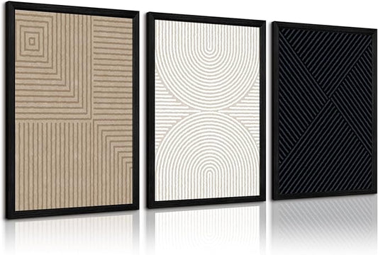 Abstract Modern Wall Decor Art Set of 3 Boho Neutral Canvas Wall Art Beige Minimalist Line Wall Art Decor Brown Black Art Modern Abstract Prints Pictures for Living Room Bedroom 24x36 Inch Framed