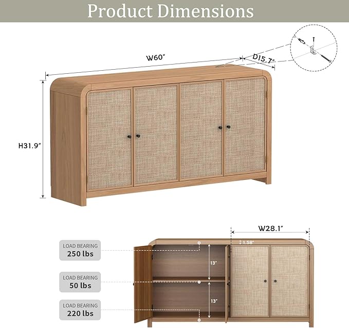Oak&Sparrow Oak Sideboard Buffet Cabinet with Storage, 60'' Boho Buffets & Sideboards with Adjustable Shelves, Rattan Sideboard Cabinet with 4 Doors for Living Room, Hallway & Kitchen