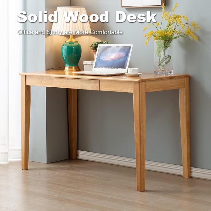 Solid Wood Desk with Drawer, Wooden Home Office Desk for Work, Student Computer Desk for Small Spaces, Gaming Study PC Desk for Bedroom, Easy to Assemble (Teak Color 47 inch)