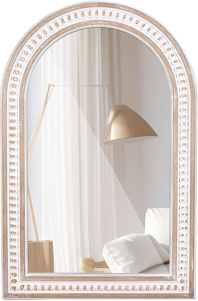 36x24 Inch Rustic Farmhouse Arched Wall Mirror with Beaded, Boho Decorative Arch Mirror for Bathroom Over Sink, Living Room, Entryway, Hallway