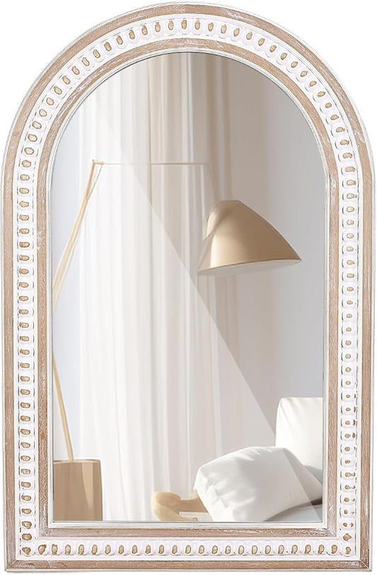 36x24 Inch Rustic Farmhouse Arched Wall Mirror with Beaded, Boho Decorative Arch Mirror for Bathroom Over Sink, Living Room, Entryway, Hallway