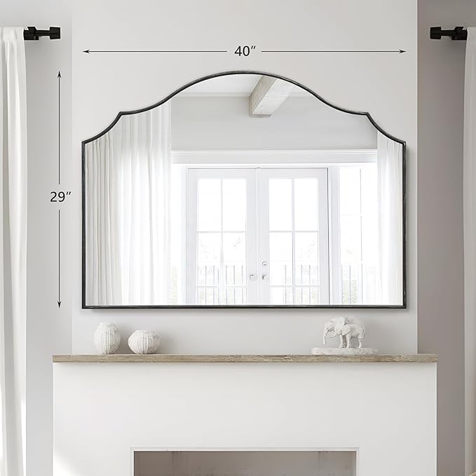 Besdomus Black Scalloped Wall Mirror: 40"x29" Large Modern Wooden Arched Dresser Mirror - Minimalist Fireplace Decorative for Bathroom/Bedroom/Mantel/Vanity/Entryway/Living Room - Stylish Home Decor