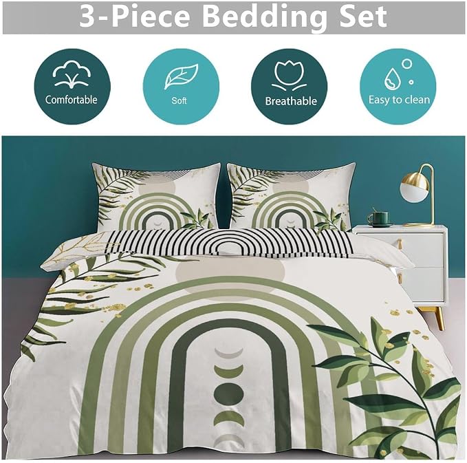 Boho Green Leaf Bedding Set,Abstract Bohemian Mid Century Aesthetic Comforter Set,Modern Simple Minimalist Geometric Plant Botanical Palm Leaf Bed Sets,Queen 90"x90"